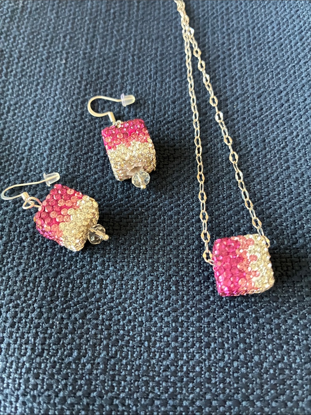 Pink and Gold Crystal Cube Pendant Necklace - Sparkling Women's Necklace